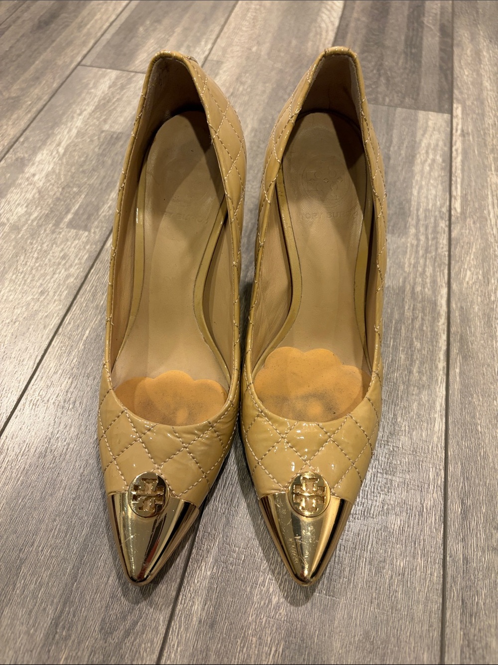 Tory Burch Quilted Yellow Leather Pointed Toe Pumps with Gold Cap - Picture 2 of 7
